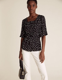M&S Lemon Print Square Neck Peplum Top